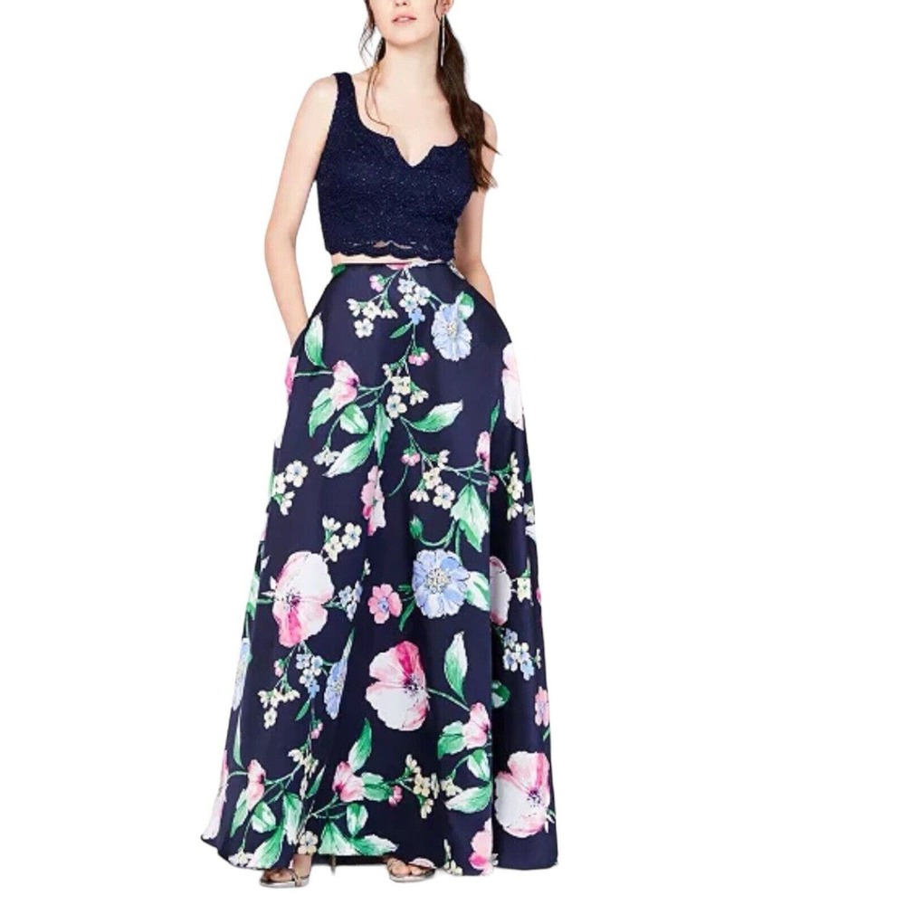 City Studio Poppy Skirt Set Navy Floral 2-Piece Maxi Prom Wedding Guest Dress